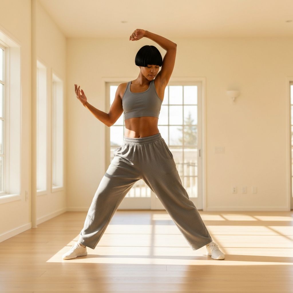 Woman performing daily stretching routine at home